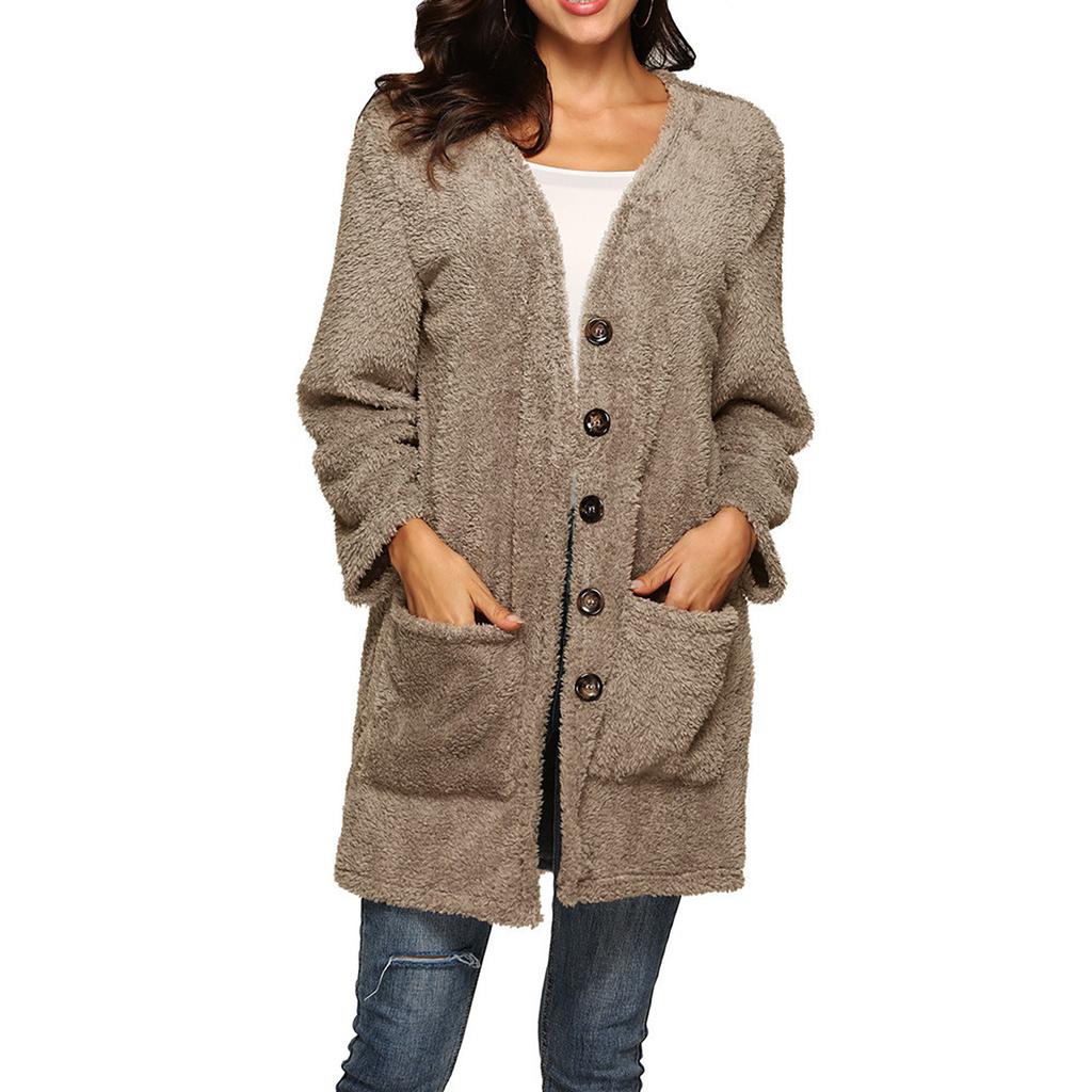 Women's  And Winter Loose Solid Color Stitching Long-sleeved V-neck Single-breasted Pockets Plush Coat