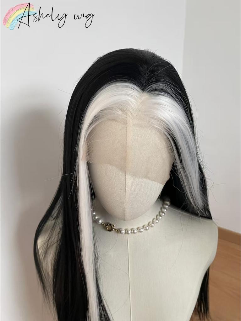 White Black Lace Front Wig for Women 26inch 13*4 Synthetic Lace Wigs High Temperature Fibers Straight Lace Front Wig Cosplay