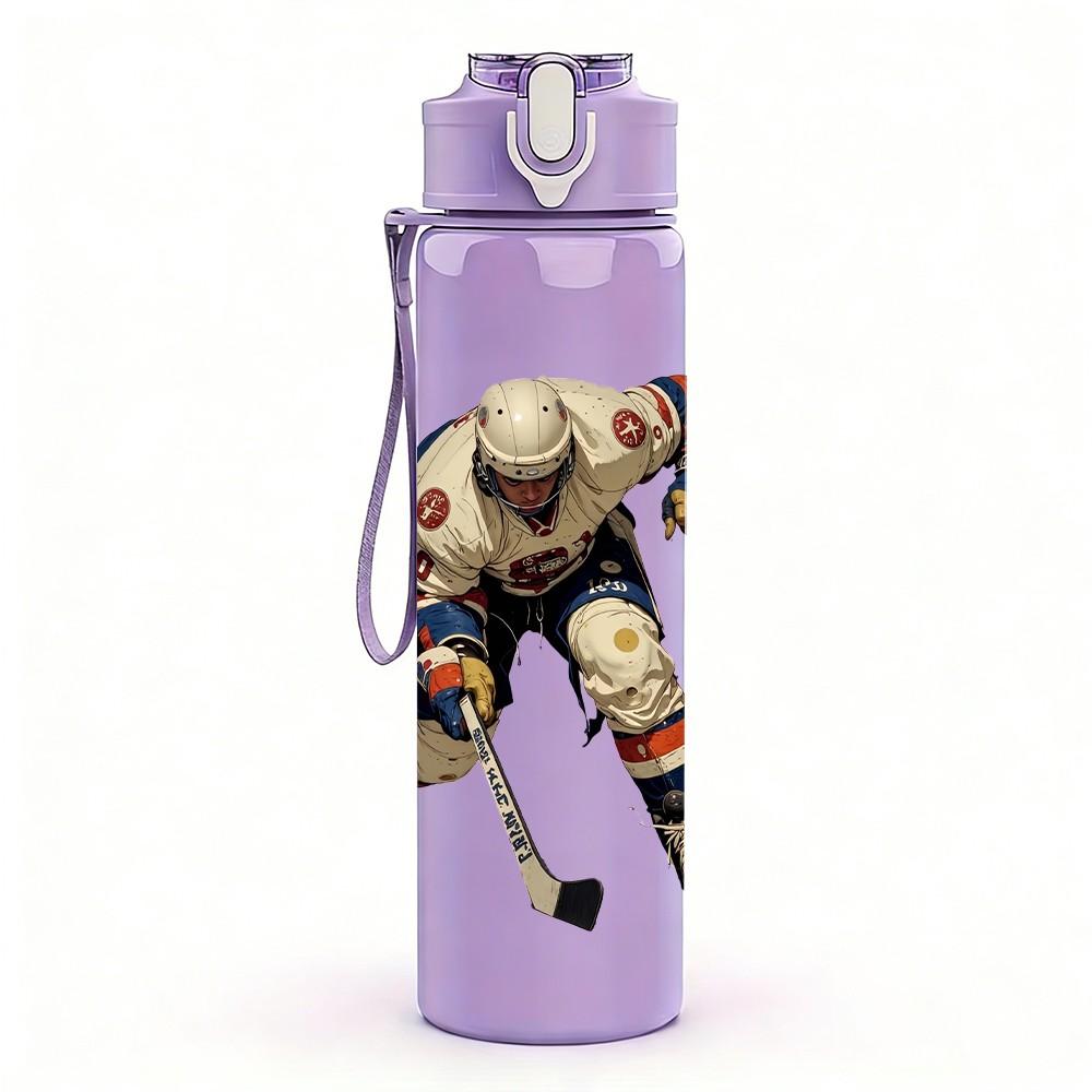 1PC Ice Hockey Athlete Cartoon Print 750ml Color Plastic Sports Water Bottle Leakproof Flip Straw Lid Suitable for Sports Office Home Use