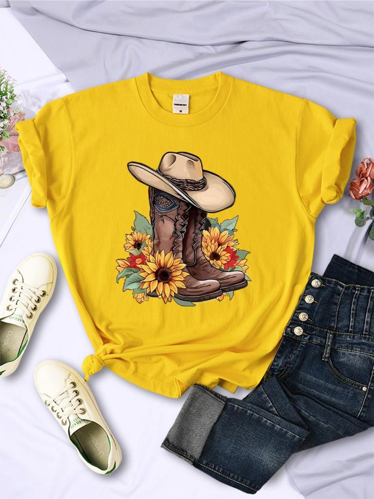 Cartoons Unisex Tshirts Cowboy Riding Boots Sunflowers Printed Tees Oneck Comfortable Soft Short Sleeve Summer Female Clothes
