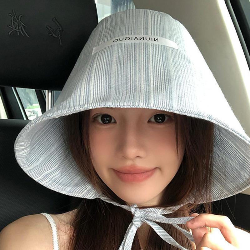 New Summer Women'S Striped Bucket Hat Japanese Style Wide Brim Sun Protection Hat Versatile Sun Hat