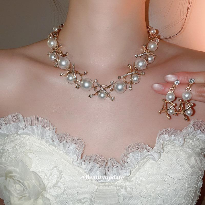 Meier Perlenohrringe und Halsketten-Set - französischer Vintage-Hofstil Schmuck, High-End-Accessoires