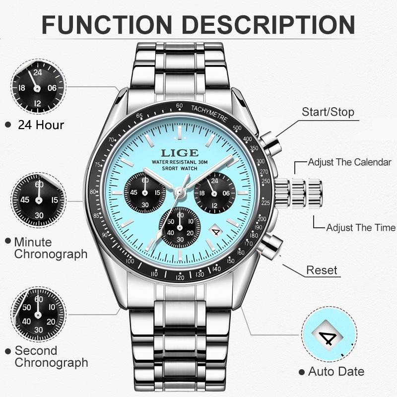 LIGE Top Brand Luxury New Men Watch Quartz Man Watches Waterproof Luminous Watch for Men Date Chronograph Sport Wristwatch+Box