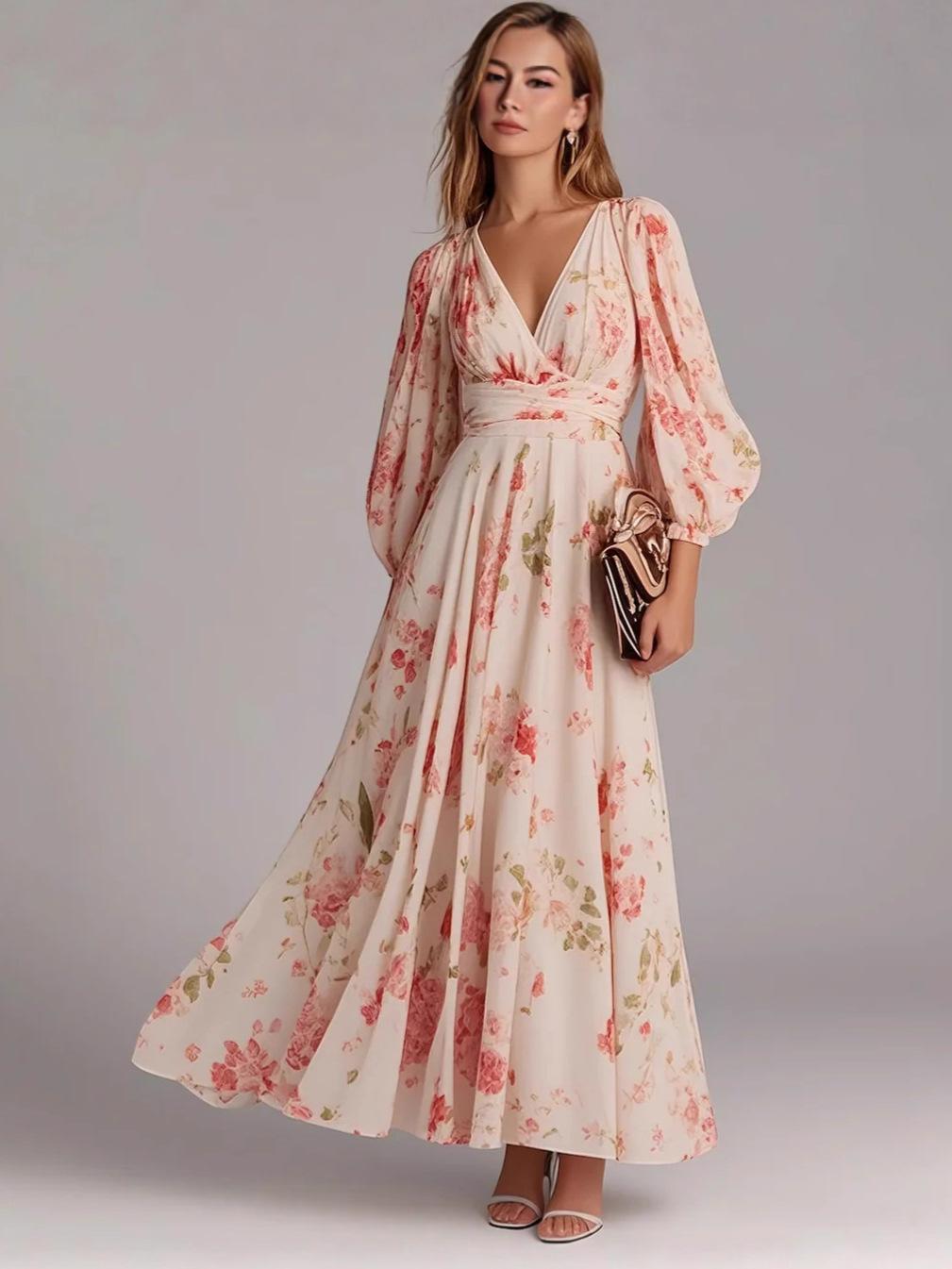 Women V Neck Long Sleeve Floral Print Maxi Dress with Flowy Sleeves S