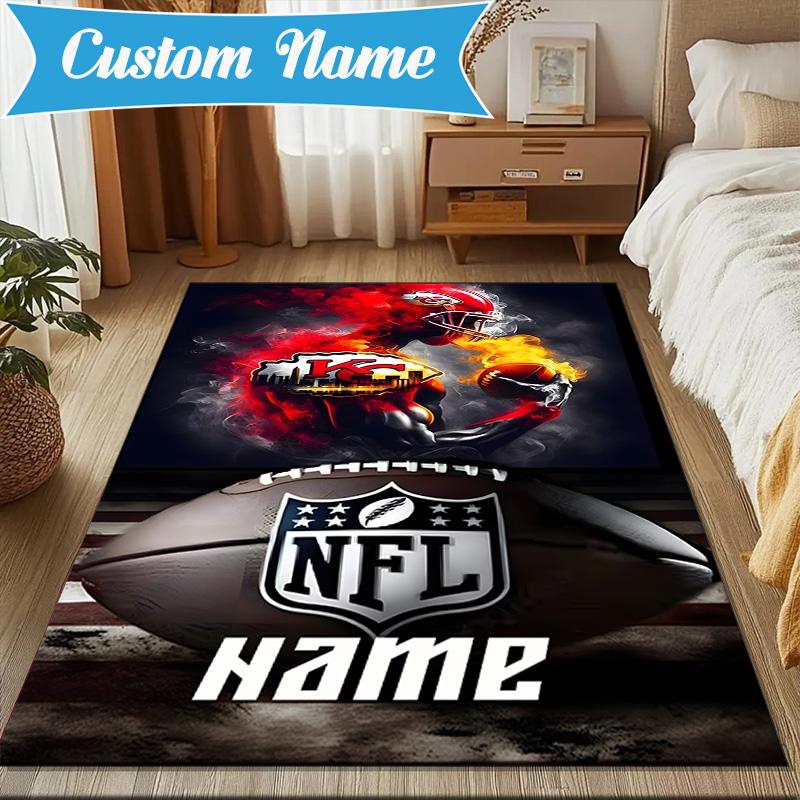 Custom Name Kansas Chiefs Helmet Rug Game Carpet, Floor Mat for Bedroom Living Room Entryway Rug, Home Decor Idea Gift for Christmas birthday