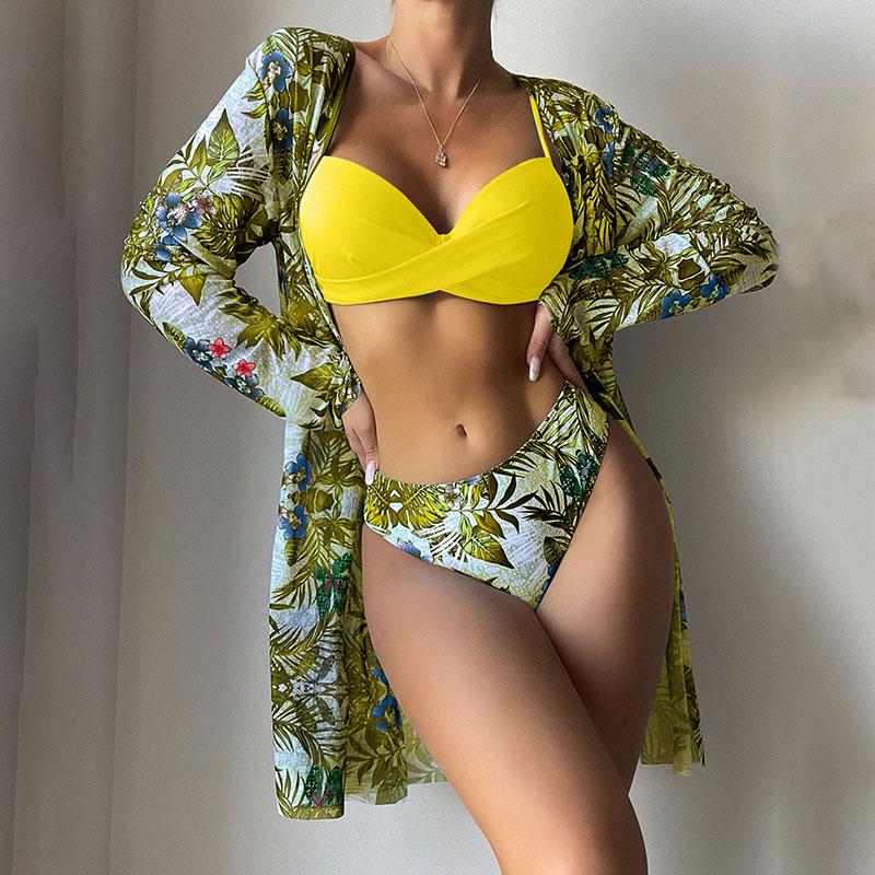 

Купальники женские, комплект из 3 предметов, бикини, сетчатый купальник с разрезом и цветочным принтом, бикини в европейском стиле, сексуальный купальник с открытой спиной и пуш-ап, пляжные купальные костюмы XL жёлтый