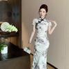Elegant Women's Retro Cheongsam Dress with Frog Buttons and Stand Collar - Slim Fit, Printed, Slit, Mid-Length