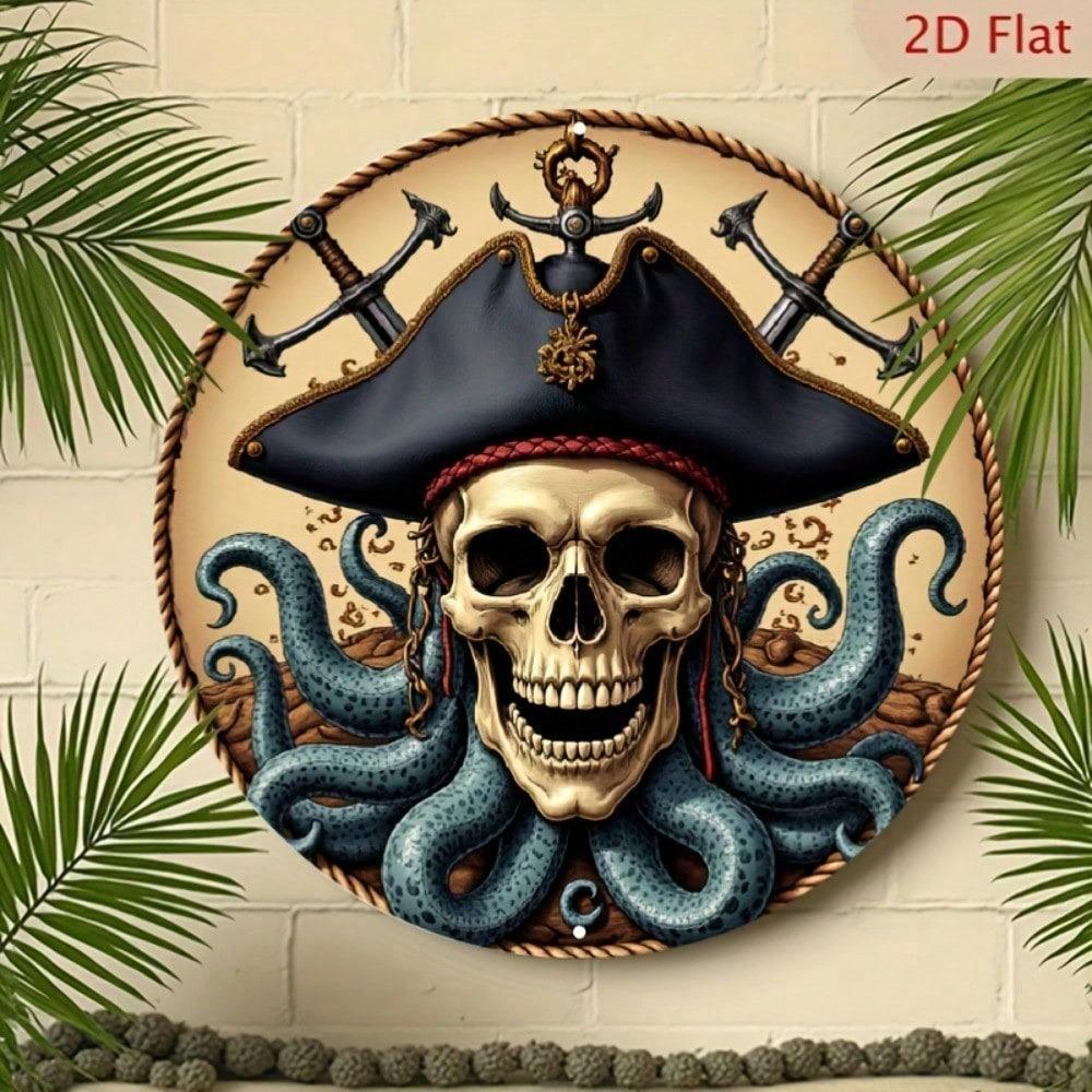 Vintage Metal Poster Octopus Skeleton Pirate Wall Art for Cafe