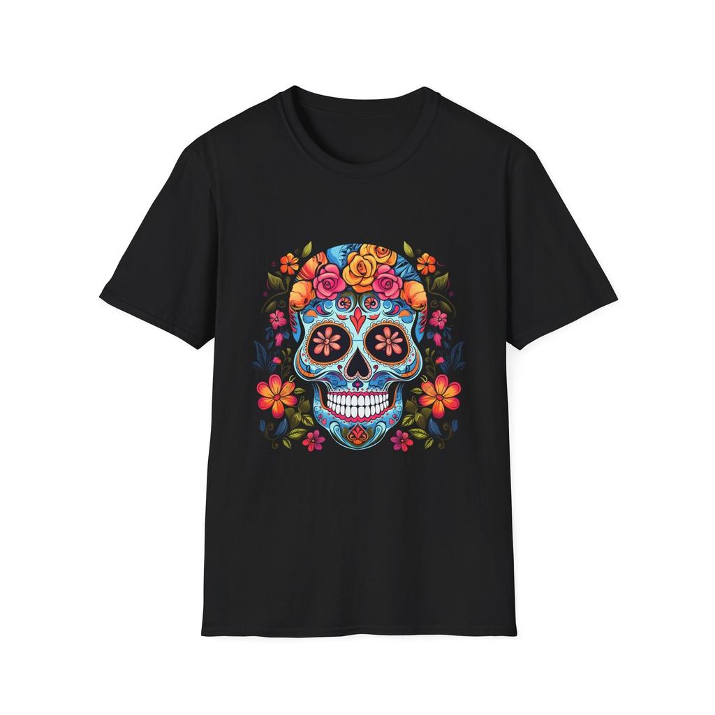 Blue Sugar Skull With Bright Flowers T-Shirt Gift Black Tee
