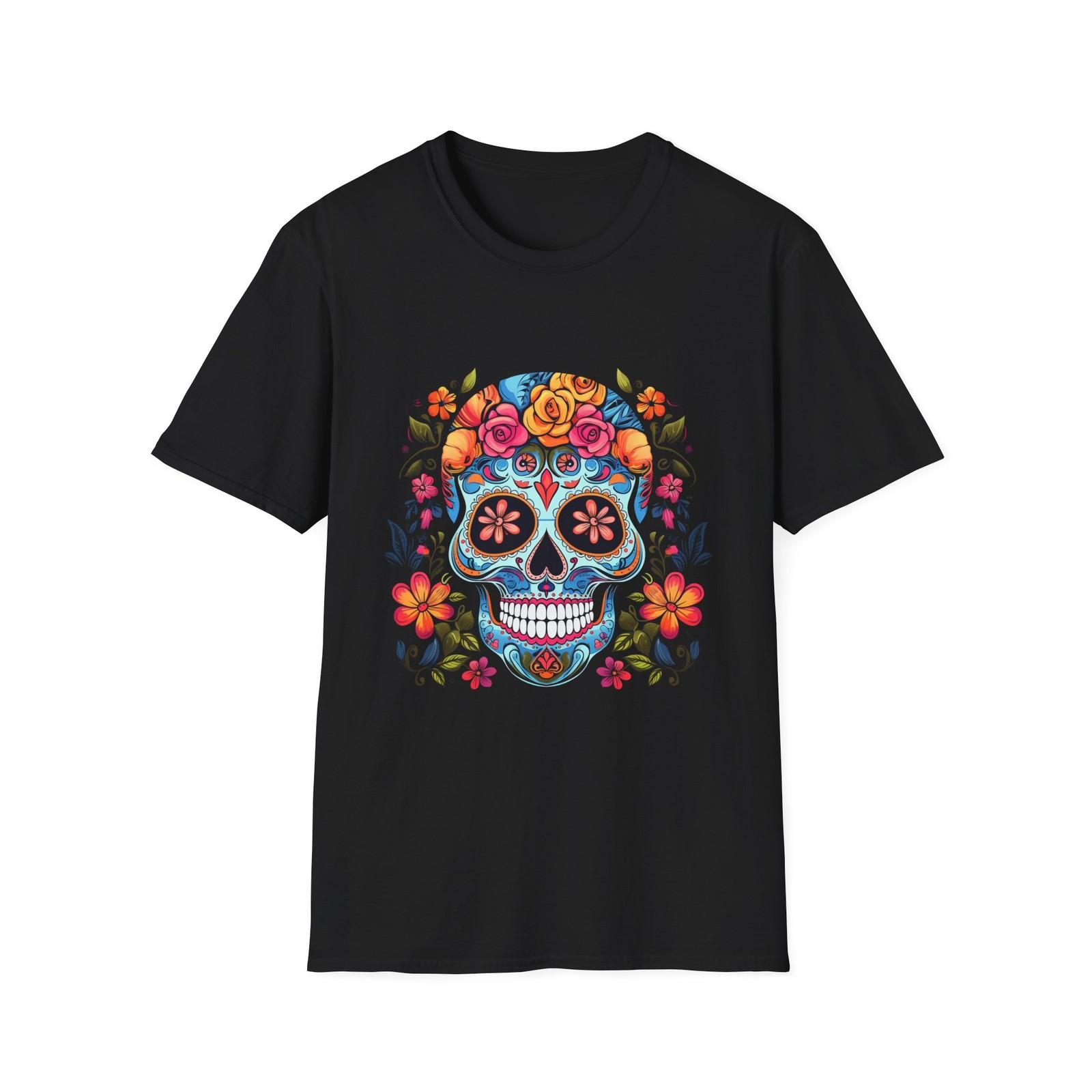 Blue Sugar Skull With Bright Flowers T-Shirt Gift Black Tee S