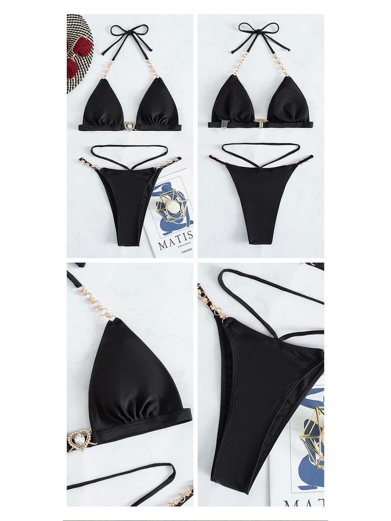 2025 Multicolor Chain Three-Point Bikini: Women's Sexy High-Waist Lace-Up Swimsuit