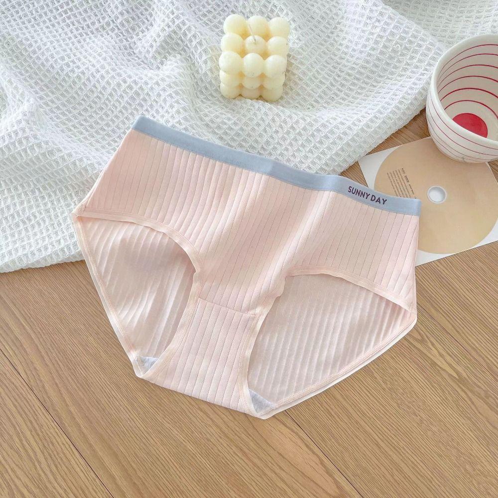 4Pcs Mid Waist Underwear for Women Letter Stripe Underpants Breathable Simple Briefs  Gifts