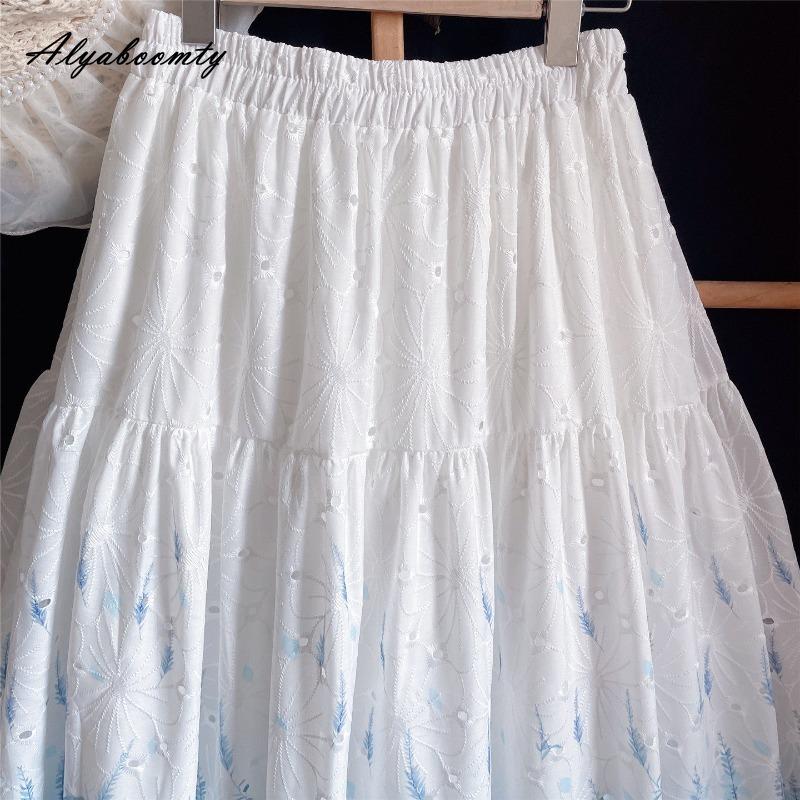 Japansk Mori Girl Vår Sommar Dam Midi-kjol Hög Midja Vit Blå Blommig Broderad Kjold Bomull Söt Elegant Feminin Lång Kjold