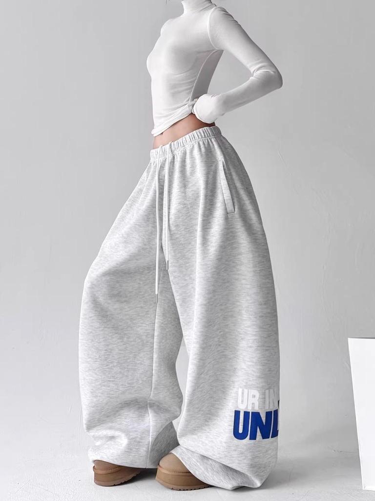 Unisex Wide-Leg Elastic Waist Drawstring Sweatpants with Print - Casual Loose Fit for Spring & Autumn