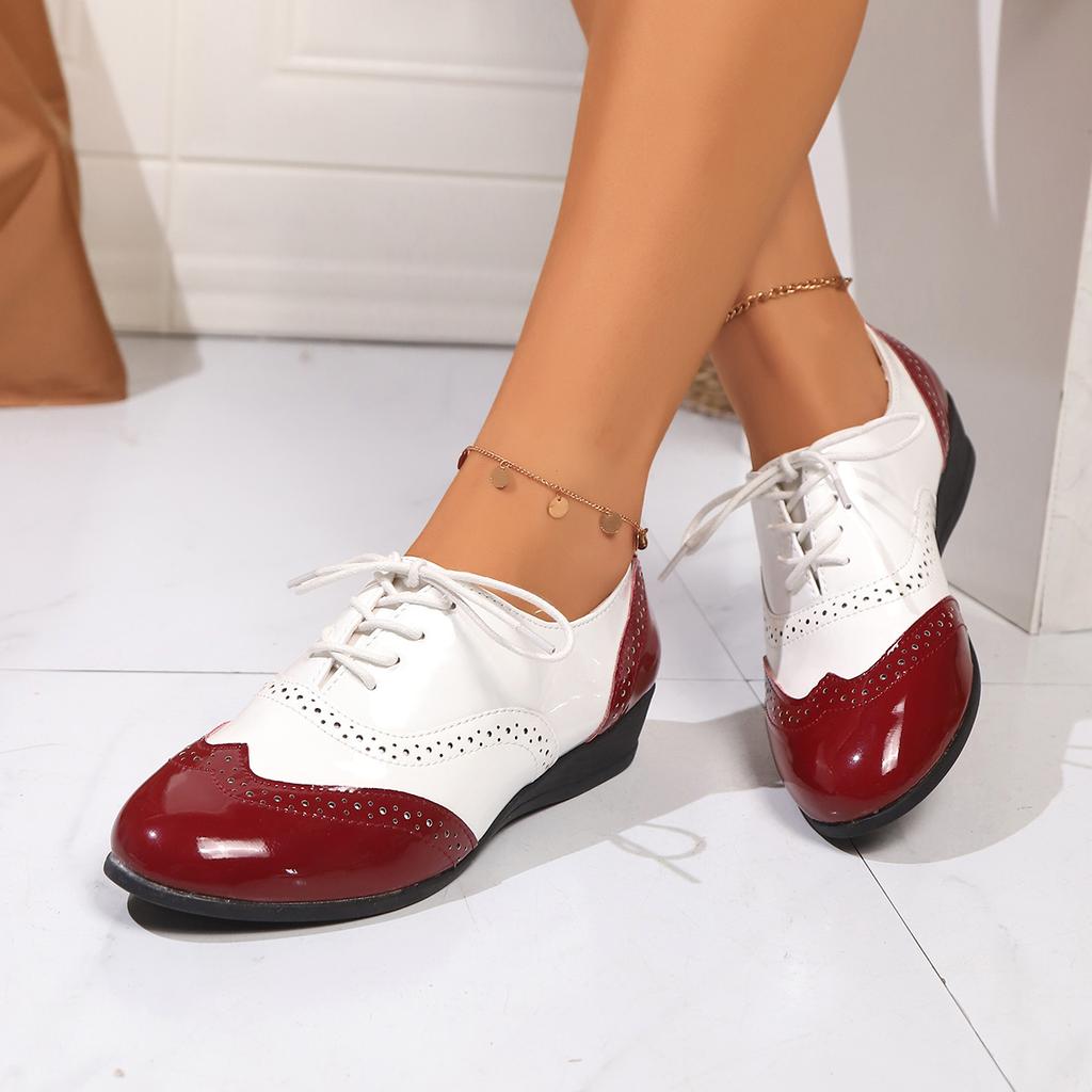 Fashion Round Toe Casual Woman Shoe Oxfords Female Footwear Leather Dress Rubber Solid Leisure Lace-Up Rome Flat PU Fabric Brogue