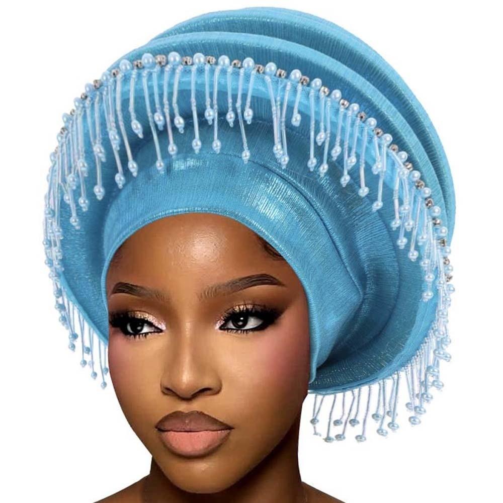 Ceremony Headpiece Structured Auto Gele Layered Pre-tied Beaded Headtie Tasseled Elastic Fringe Headwrap Prom Queen озеро синий