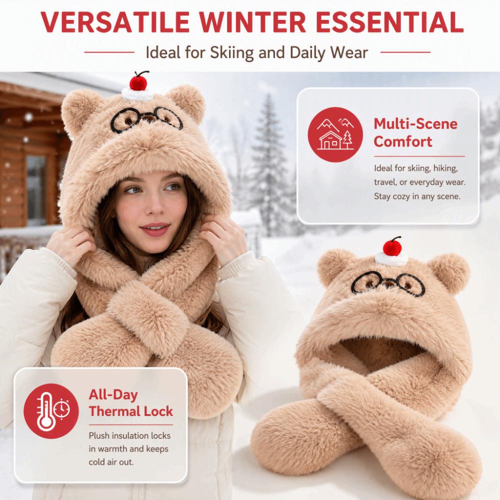 Soft Plush Beanie Hat Scarf Windproof Ear Protection Cap Cute Bear Neck Warmer Hat  Women