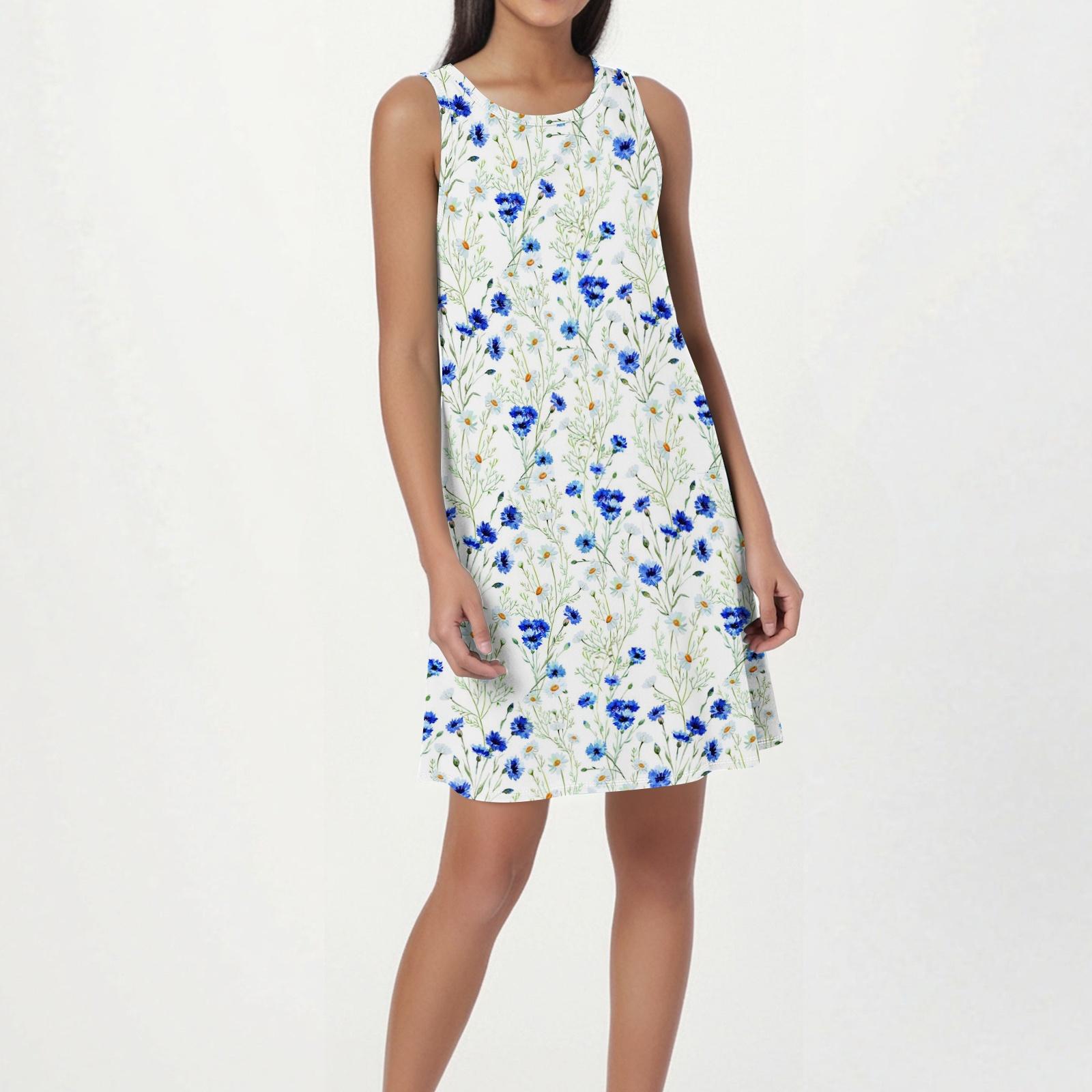 

Women s Fashion Beach Dress Sleeveless Round Neck Floral Print Dress L синий