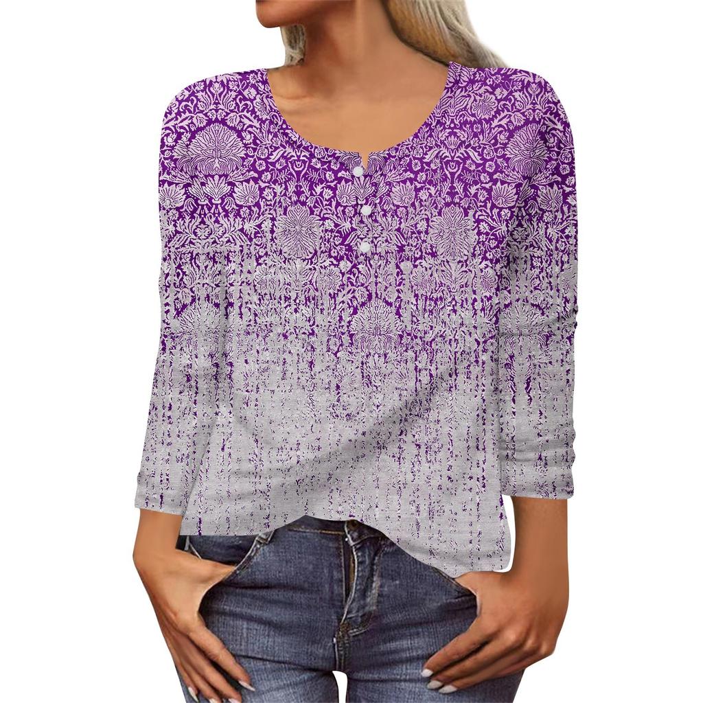 Women's New Button-Down Fashion Print Long Sleeves T-Shirt Slim Top Casual Tops