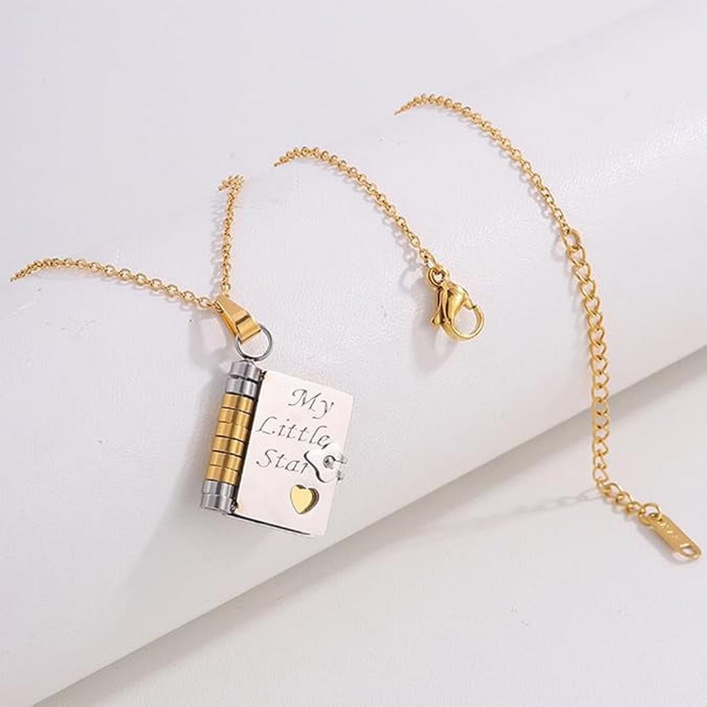 Personalized My Star Book Necklace, My Incredible Book Necklace With Custom Name And 6 Pre Carved Information Openable Adjustable Pendants
