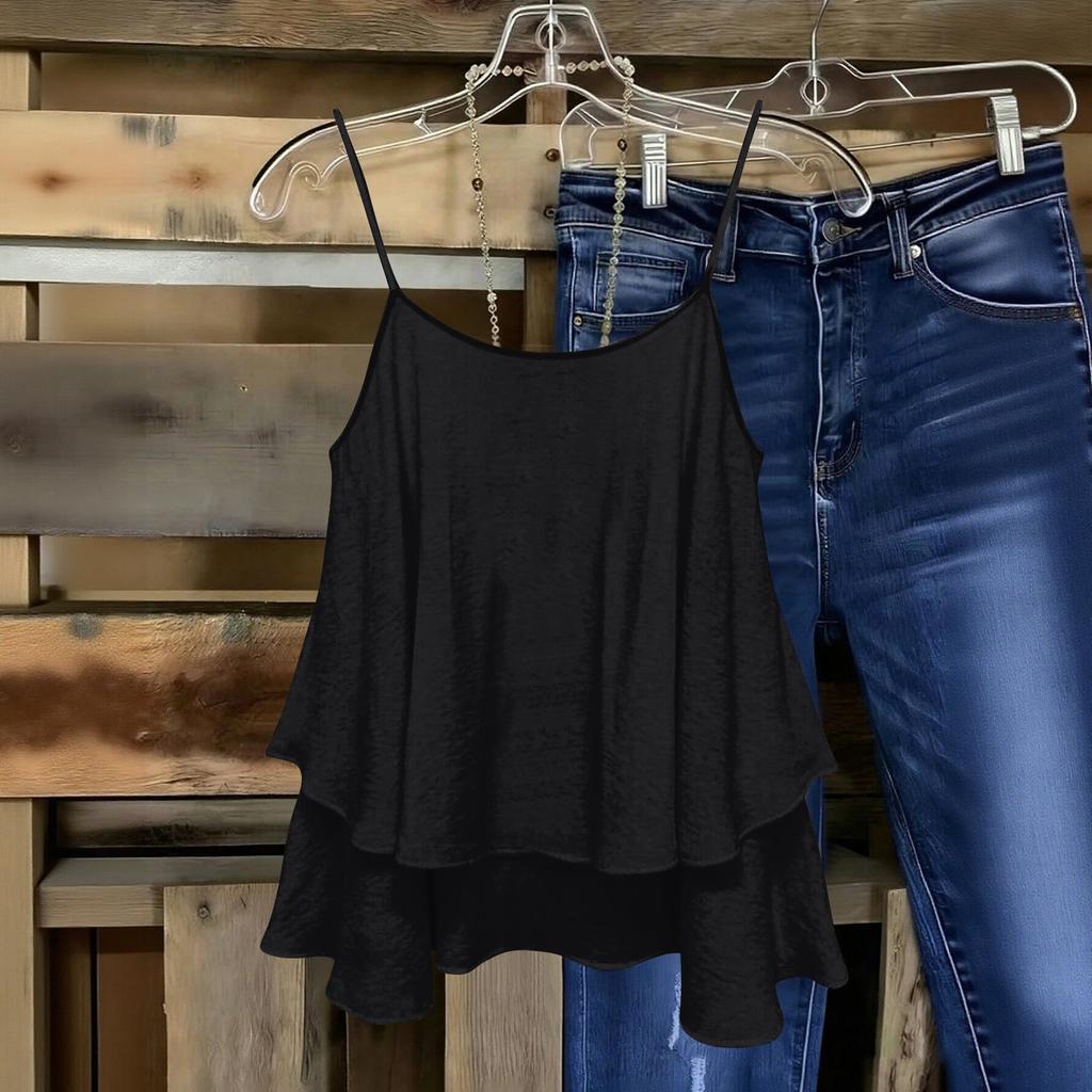 Women Sleeveless Double Layer Camisole Top Solid Color Strap Summer Casual Loose Fit Lightweight Blouse