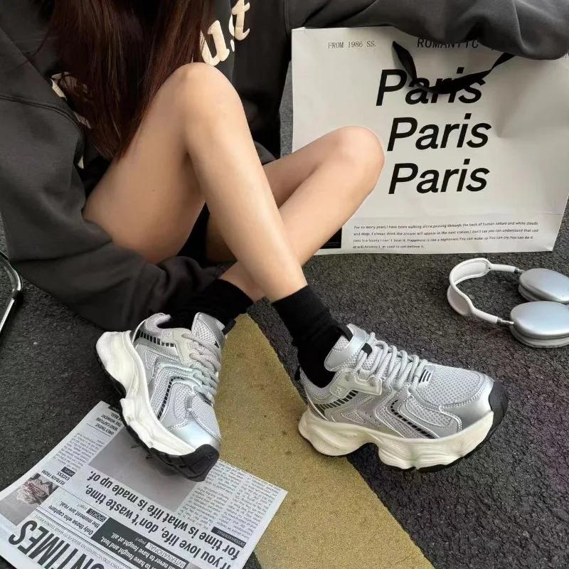 Size 34-40 Women Sneakers Leather Mesh High Heels For Women Casual Lace Up Shoes Fashion Platform Shoes Trend