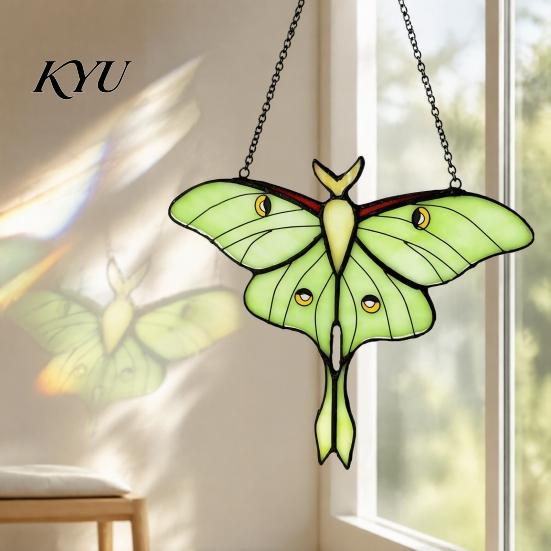 Green Insect Window Hanging Stained Glass Style Hanging, Acrylic Moth Suncatcher, Decorative Pendant with Transparent Art Metal Chain, Ornament