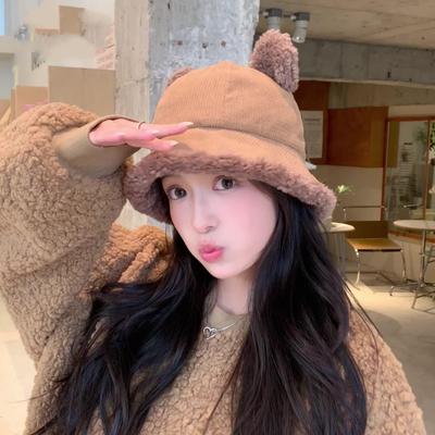 Damen Wintermütze mit Ohrenschützer, warm, dick, kaltes Fell, Samt, Outdoor-Eimerhut, süße süße Teddybär-Fischermütze