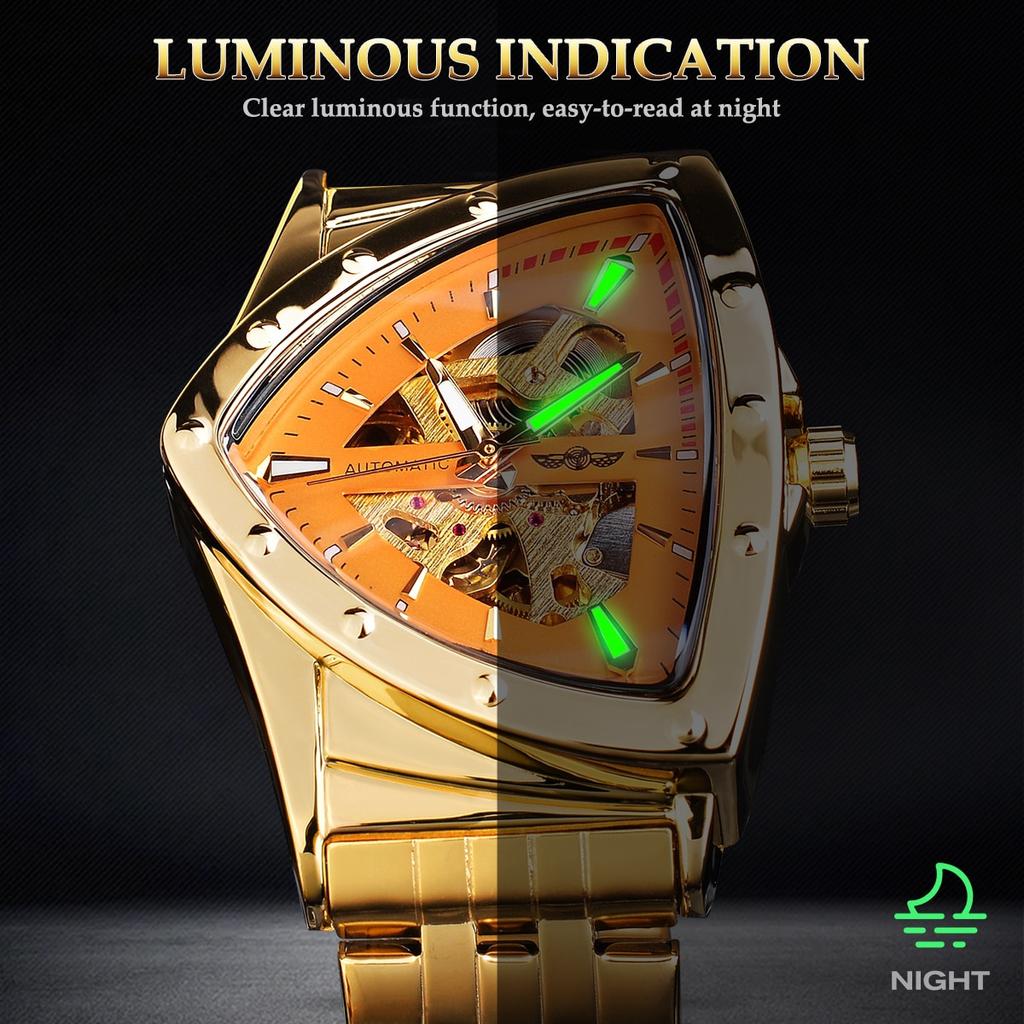 Automatic Mechanical Watch Triangle Case Skeleton Design Stainless Steel Belt Mens Fashion Luminous Wristwatches