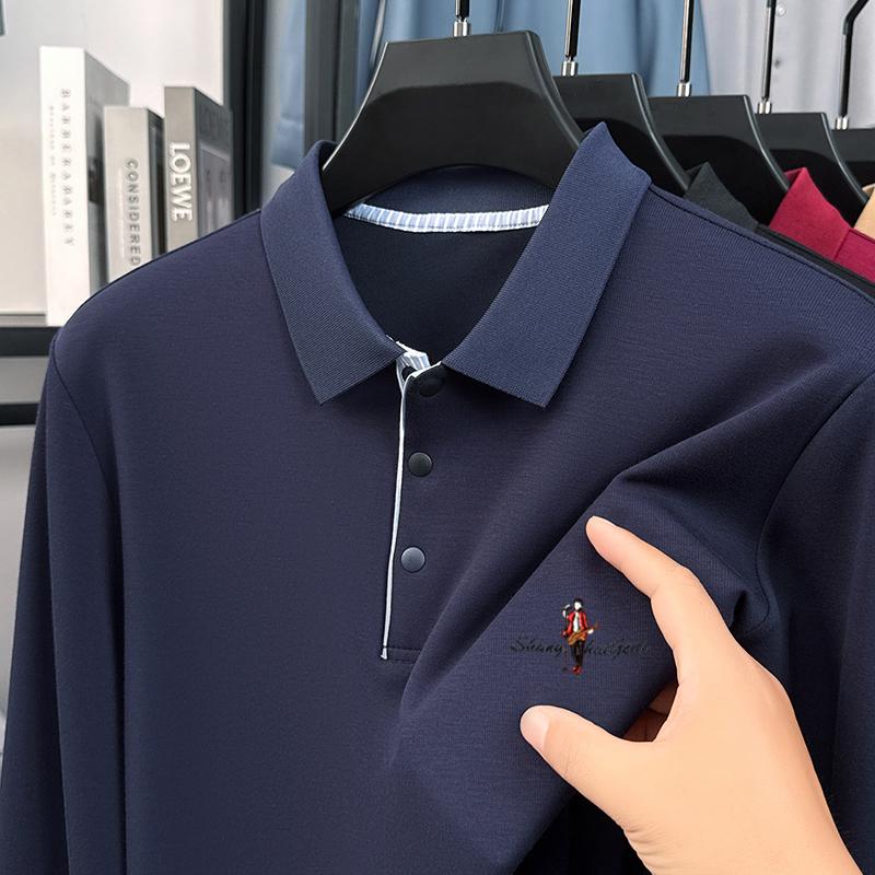 

Мужская рубашка поло оригинального качества однотонная изысканная мультяшная вышивка длинный рукав осенняя с отложным воротником футболка деловой тренд мужская одежда 4XL темно-синий