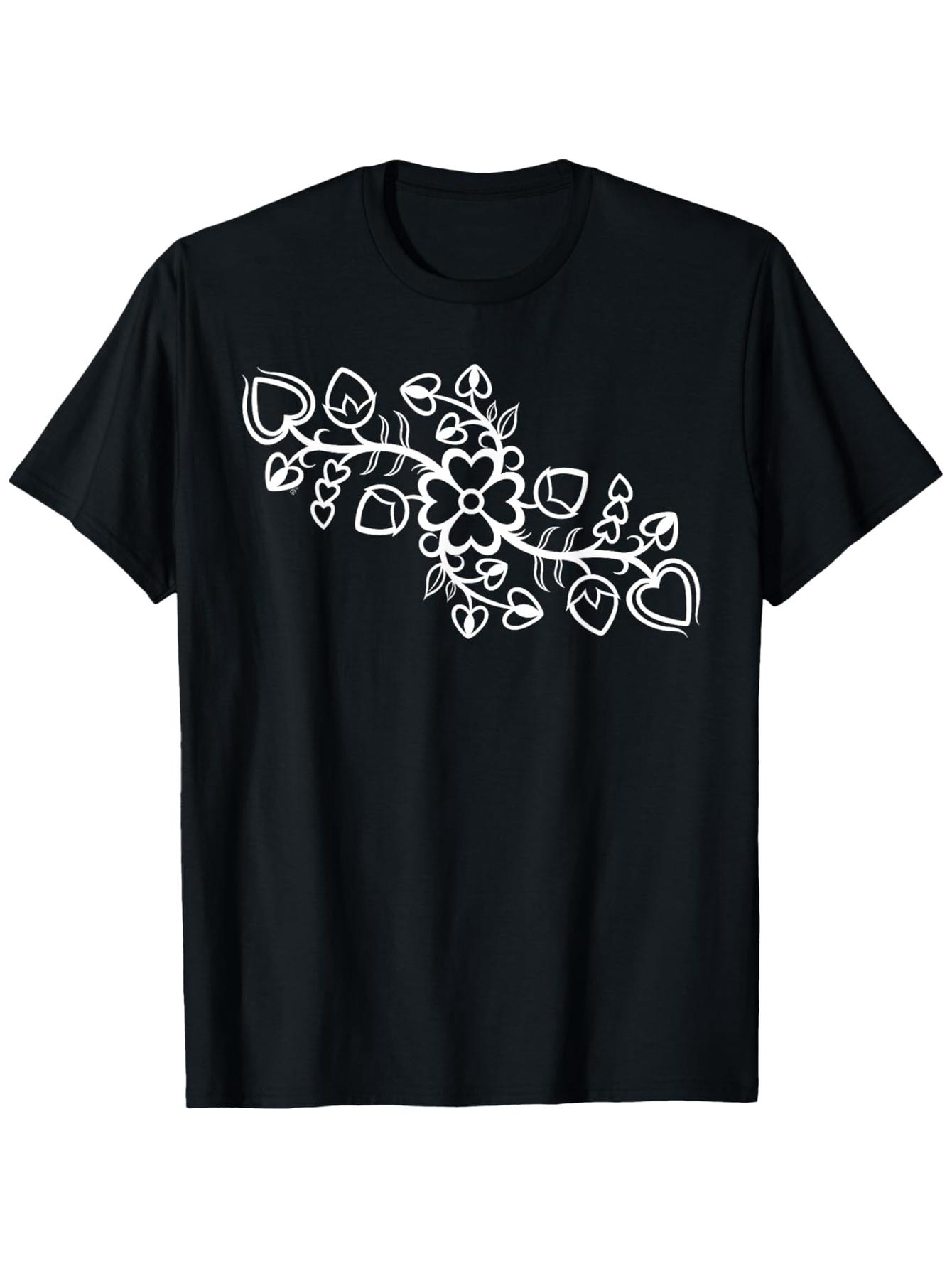 Floral Print  T-Shirt | Black with White Floral Design CasualCrew Neck T-Shirt for All SeasonsTravel andOutdoor Activities S разноцветный