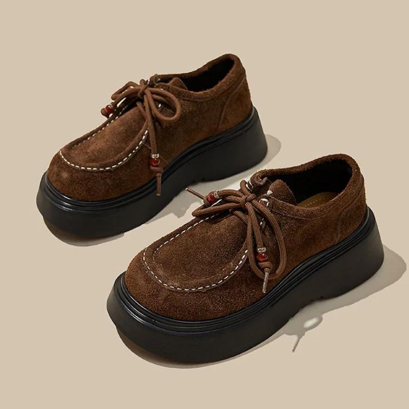Fashion Retro Brown Faux Suede Thick Bottom Loafers Women Fashion Sewing Gemstone Designer Shoes Cozy Lace Up Derby Shoes Zapatos Mules