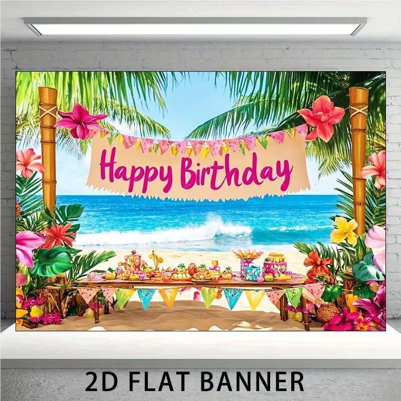 2D Luau Party Backdrop, Tropical Beach and Flowers for Kids Birthday Photoshoot
