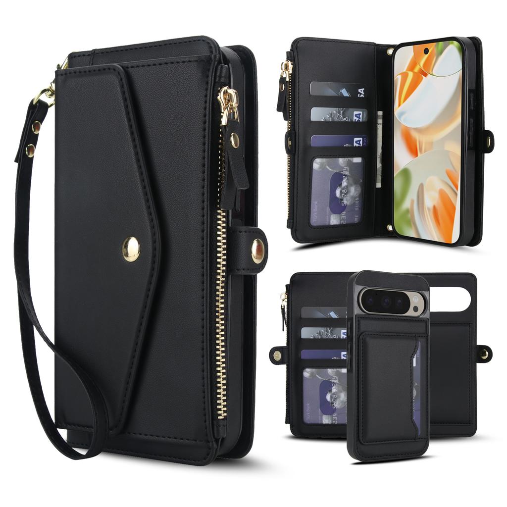For Google Pixel 9 Pro XL Wallet Case Magnetic Detachable PU Leather Phone Cover with 2 Straps