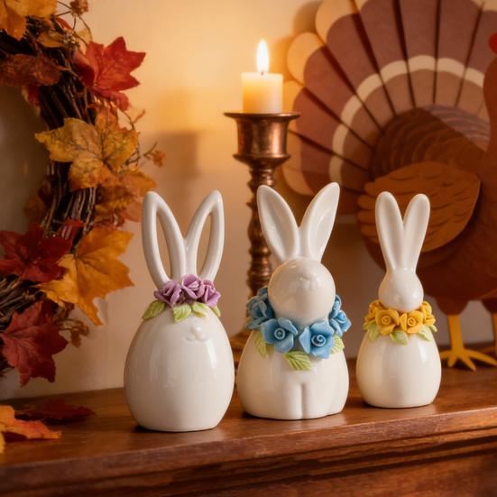 Påskkeramikkaninfigur Mini Blomma Kaninstaty Vår Påsk Hem Kontor Semesterfest Dekoration Prydnad