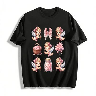 Cute Cupid Heart Print Casual Top For Women Girls Pure Cotton T-shirt