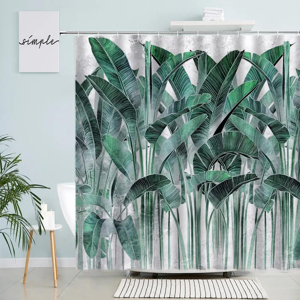 Tropical Plant Leaves Shower Curtains Creative Monstera Palm Banana Leaf Parrot Print Bath Curtain Set Bathroom Decor With Hooks