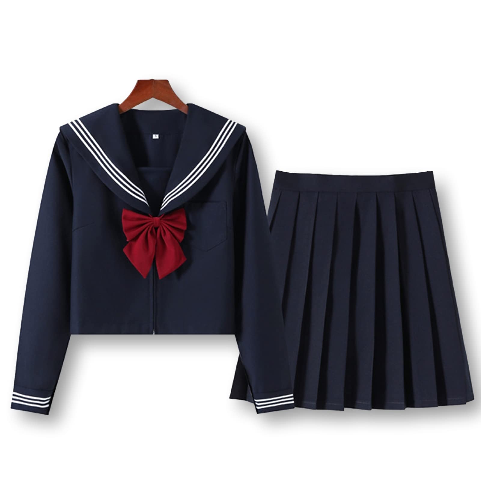 

Sailor Suit Cosplay High School Girl Uniform Long Sleeve Pleated Skirt Plain Ribbon Set Navy Sleeve [TUISKU] 3-Piece (Long XL)