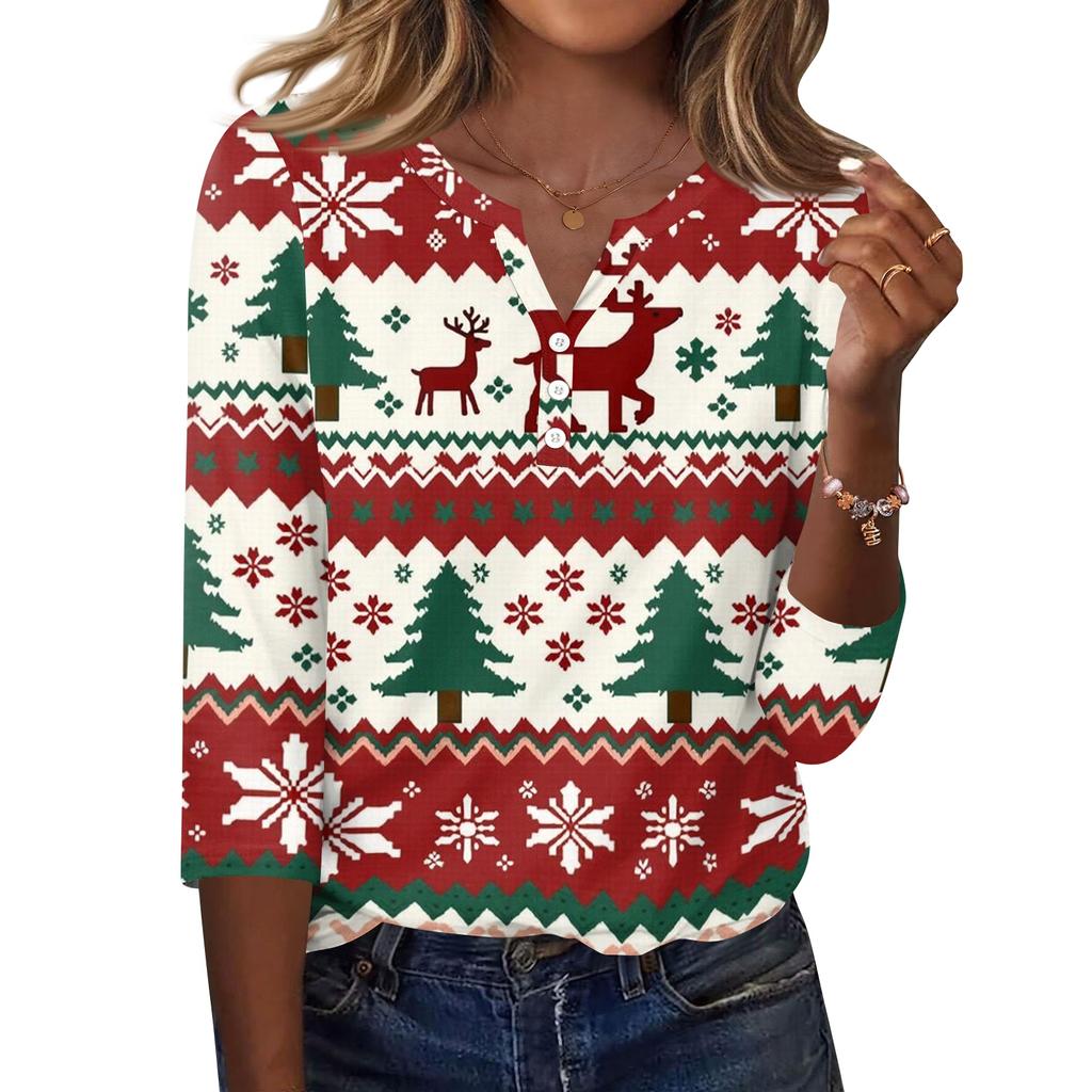 Women's Christmas Print V-Neck Three-Quarter Sleeve T-Shirt with Button Casual Holiday Top