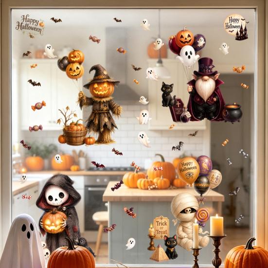 Decorative Glass Decals for Party 4Pcs Halloween Cartoon Window Clings, Pumpkin Ghost Scarecrow Stickers, Waterproof Murals Removable Home