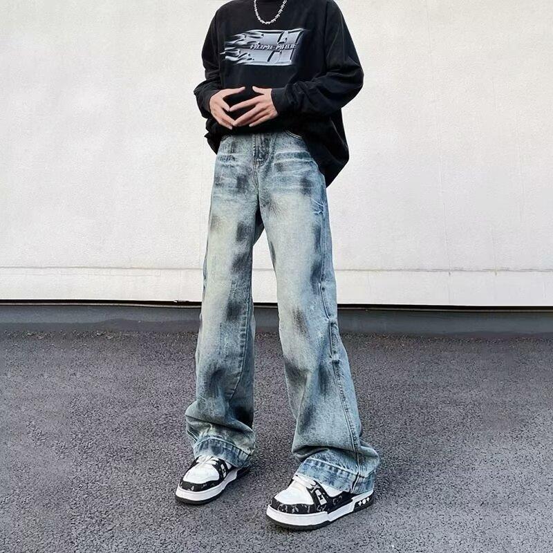 Hong Kong style new retro washed straight jeans men's street loose wide-leg trousers mid-waist trendy brand