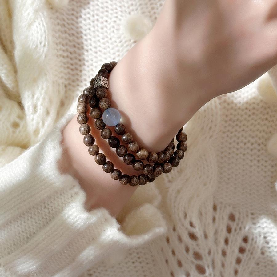 

s9Silver agarwood and aquamarine artistic and fresh three-layer bracelet, quiet and elegant Agarwood（Ordinary wood