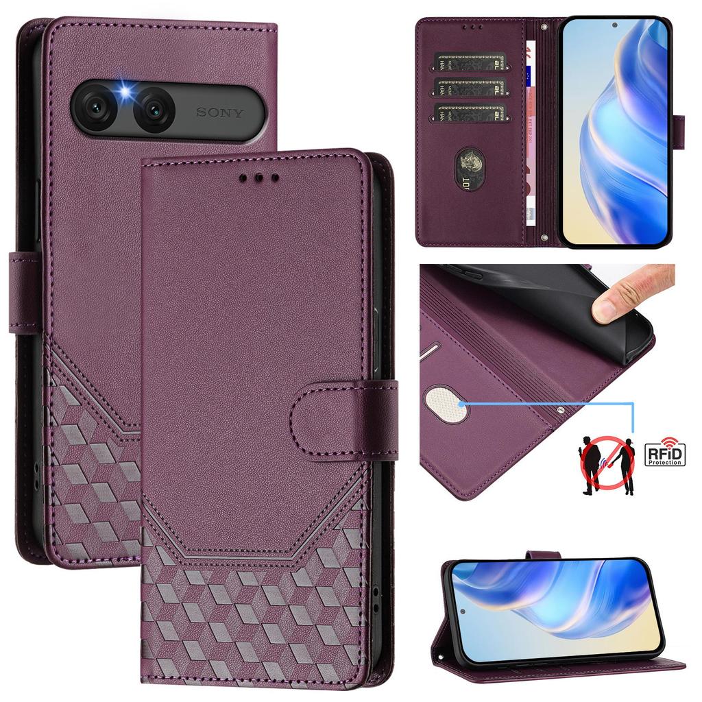 For Sony Xperia 10 VII Case Imprinted Honeycomb RFID Blocking Leather Phone Cover with Strap
