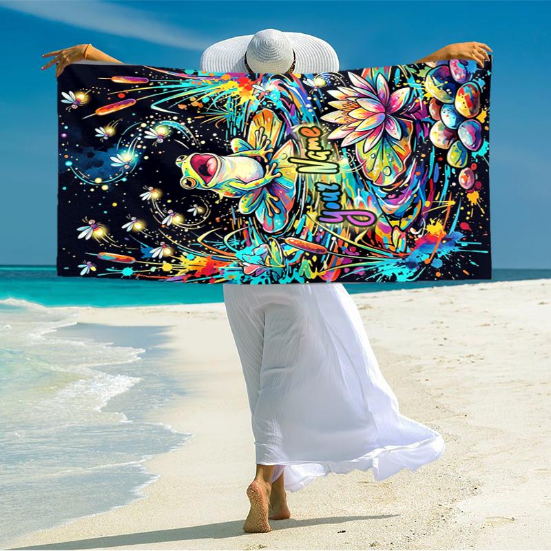 1PC Custom Name Frog Lotus Pond Beach Towel Highly Absorbent And Sand-Resistant Towel for Swimming, Pool, Yoga, And Travel Lightweight