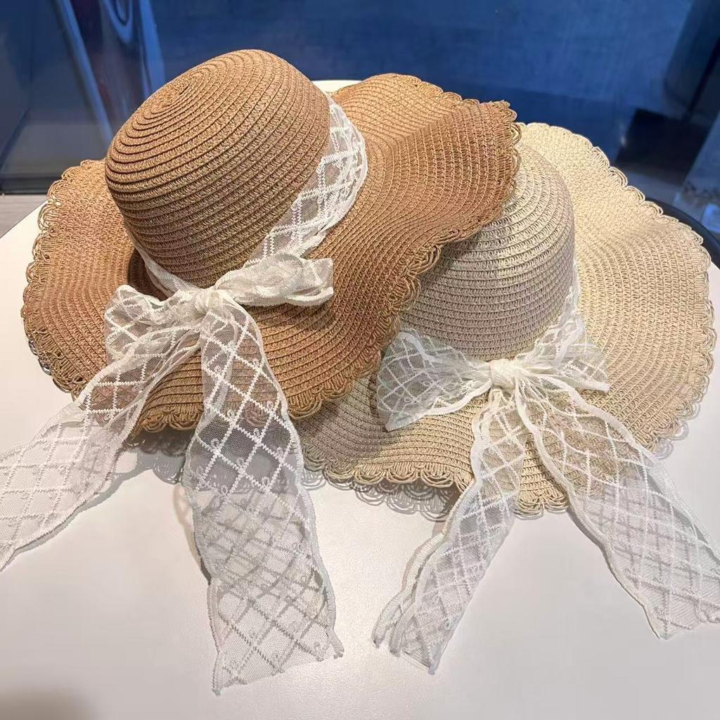 Bow lace straw hat sweet bucket hat summer seaside big brim vacation wind sunscreen sun hat