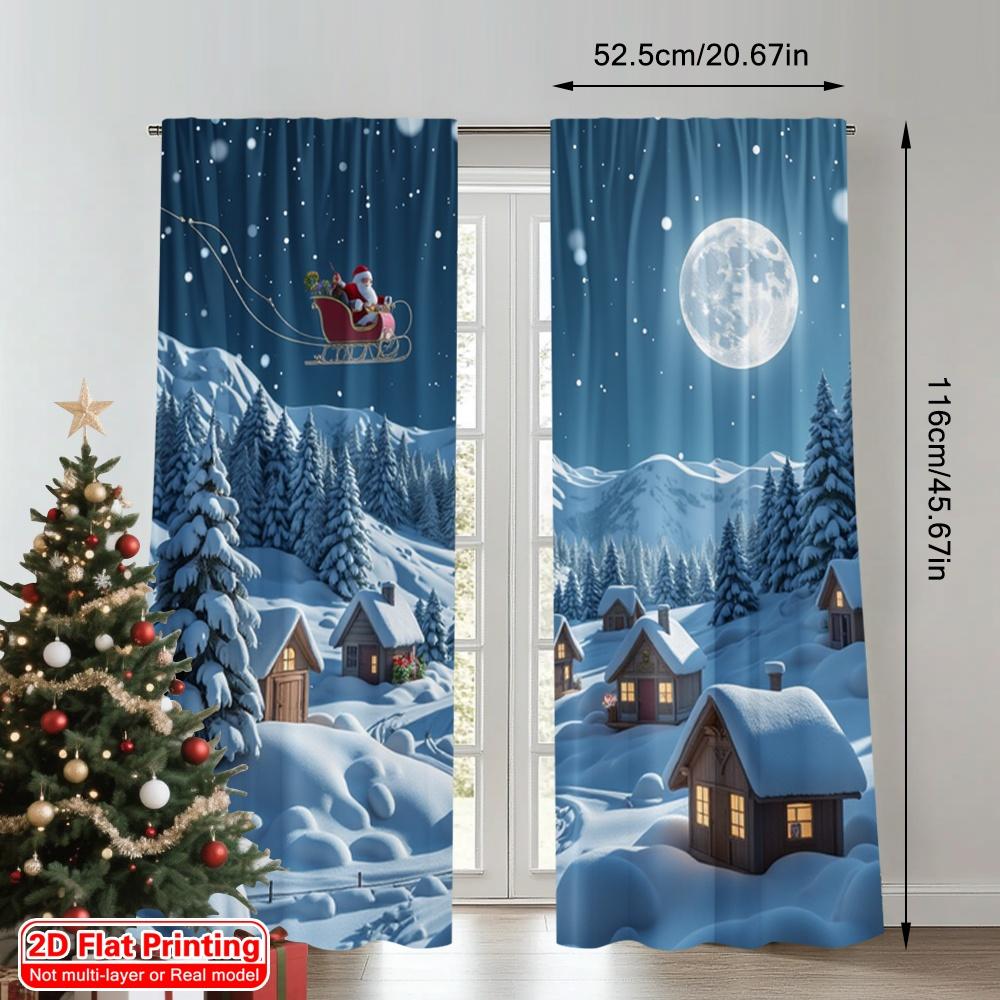 2pcs 2D flat printing Merry Christmas Popular Curtains Santa Sleigh Village Snow 100% Polyester Without Electricity Party