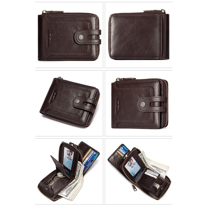RFID Anti-theft Brush Men's Leather Wallet First Layer Cowhide Short Coin Purse Zipper European and American Retro Leather Men's Bag