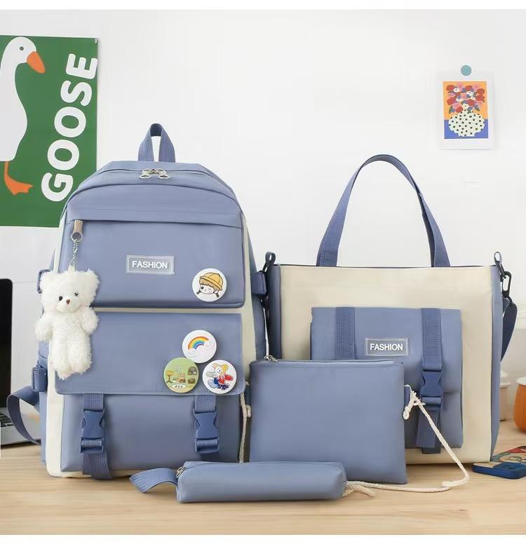 New schoolbag backpack women's Korean version canvas large capacity five-piece set middle school student backpack student schoolbag women