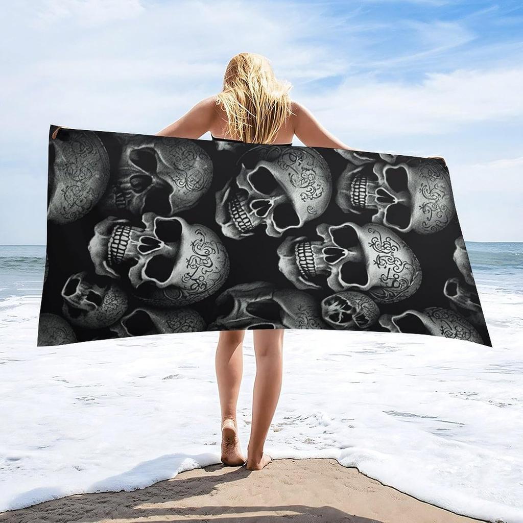 Schwarzes Totenkopf Strandtuch Übergroß Saugfähige Handtücher Schnelltrocknend Poolhandtuch Leichte Badetücher Sandfeste Stranddecke für Fitnessstudio