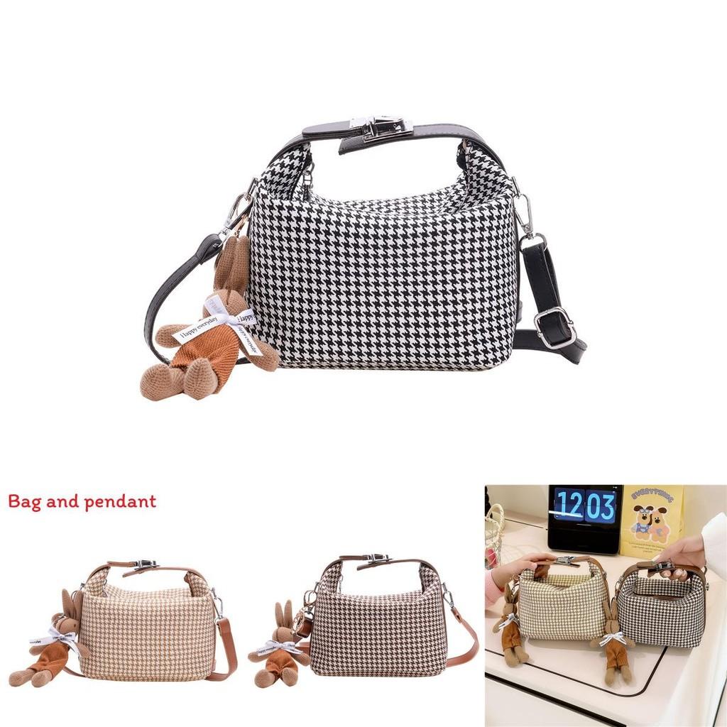 Simple Houndstooth Pattern Parent Child Shoulder Bag With Pendant For Kids Daily Use